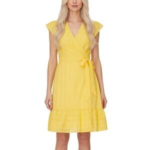 Draper James Yellow Eyelet Flutter Sleeve Wrap Dress Cotton V-Neck Women Size 4